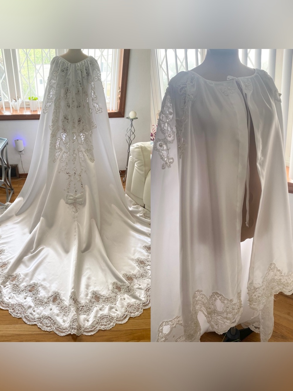 Vintage-Inspired White Satin Bridal Cape *One Size* Embellished Wedding Capelet
